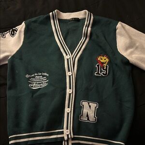 Green and White Varsity Cardigan with Patches